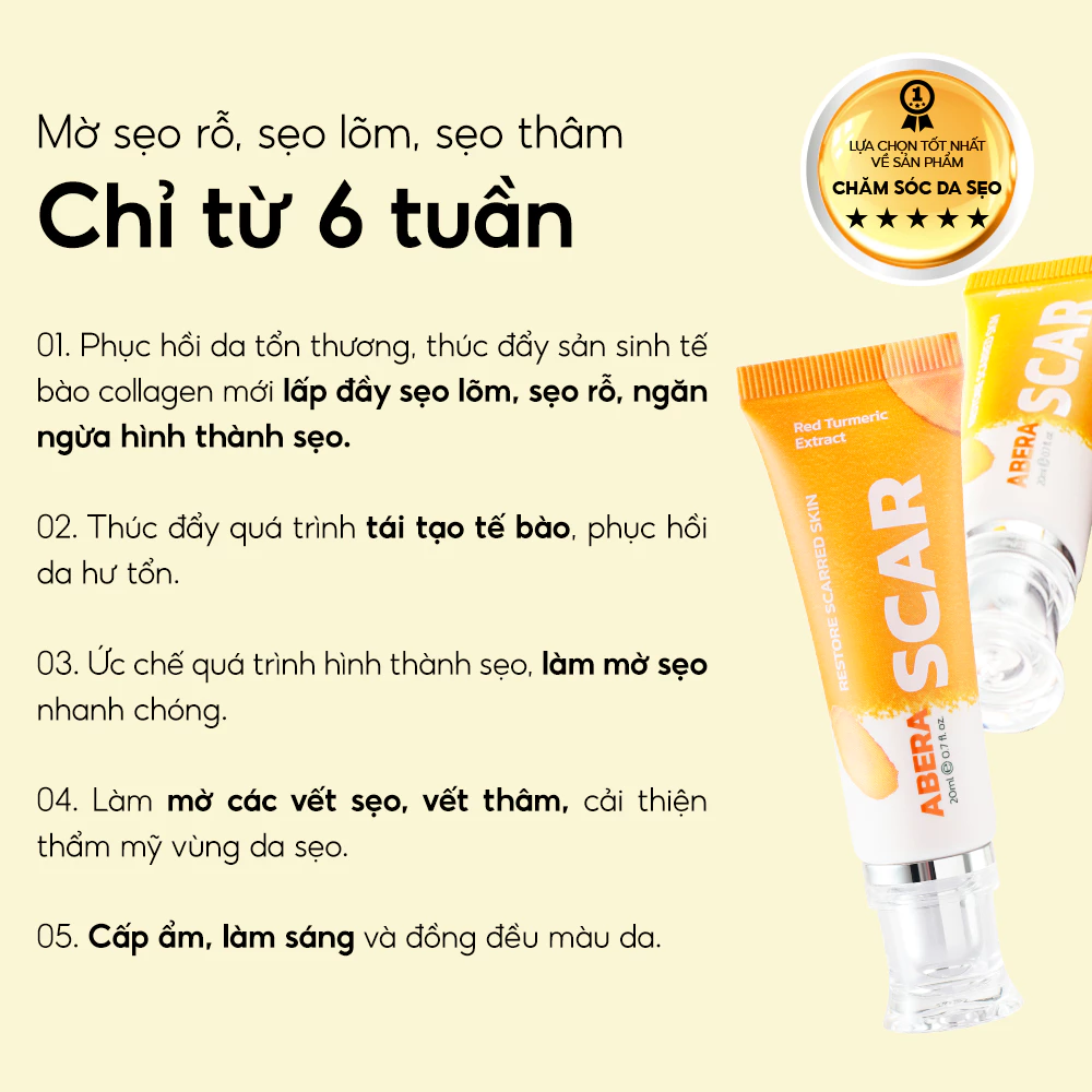 Kem Sẹo Nghệ Đỏ Abera Scar - Hỗ Trợ Làm Mờ Sẹo, Giảm Sẹo Lõm, Sẹo Rỗ, Sẹo Lồi, Sẹo Thâm 4 kem-seo-nghe-do-abera-scar